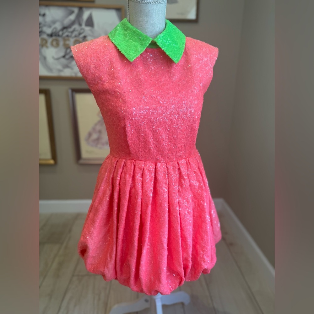 QUEEN OF SPARKLES Summer Pink and Green Sequin Bubble Mini Dress